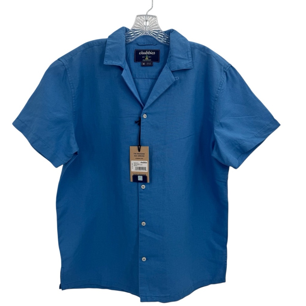 Chubbies Men The Big Blue Linen Sunday Button Up Shirt Linen/Cotton Blend Size M